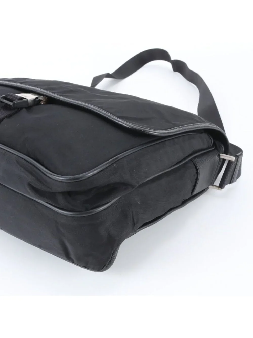 Prada Tessuto Nylon Triangle Logo Leather Shoulder Bag Crossbody Messenger Black